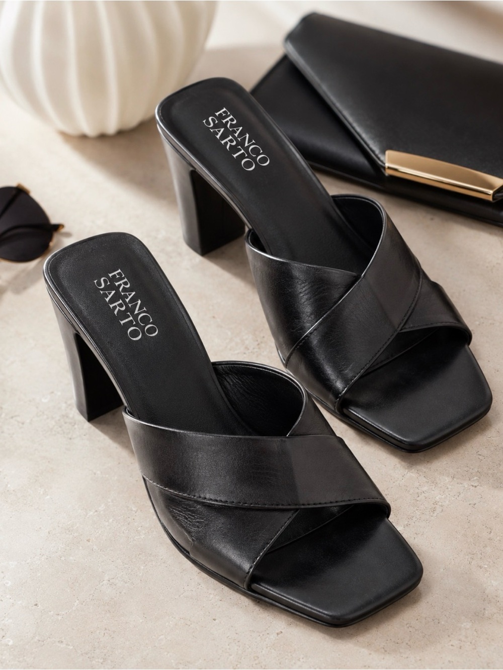 #70 Franco Sarto Black Leather Crisscross Slide Mules